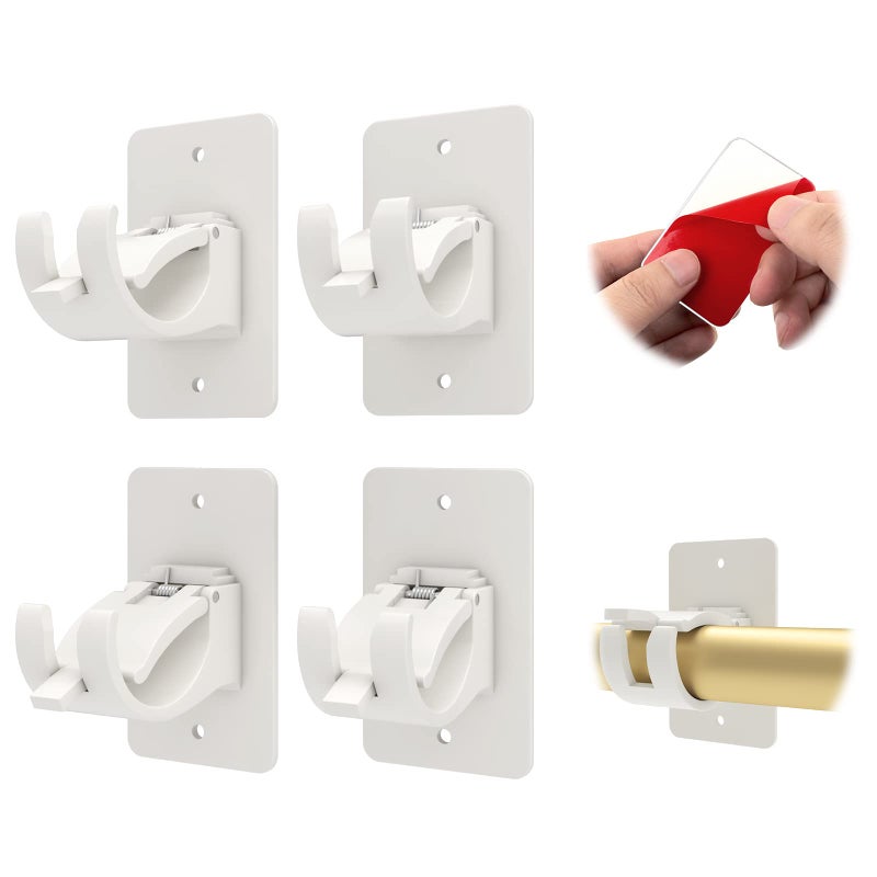 CIEMGNZOC 4PCS No Drill Curtain Rod Brackets  Self-Adhesive Curtain Rods No Drilling  Nail Free Adjustable Curtain Rod Holders  Curtain Hooks for Rod Less Than 1.57 Inch Diameter (White) - Image 1